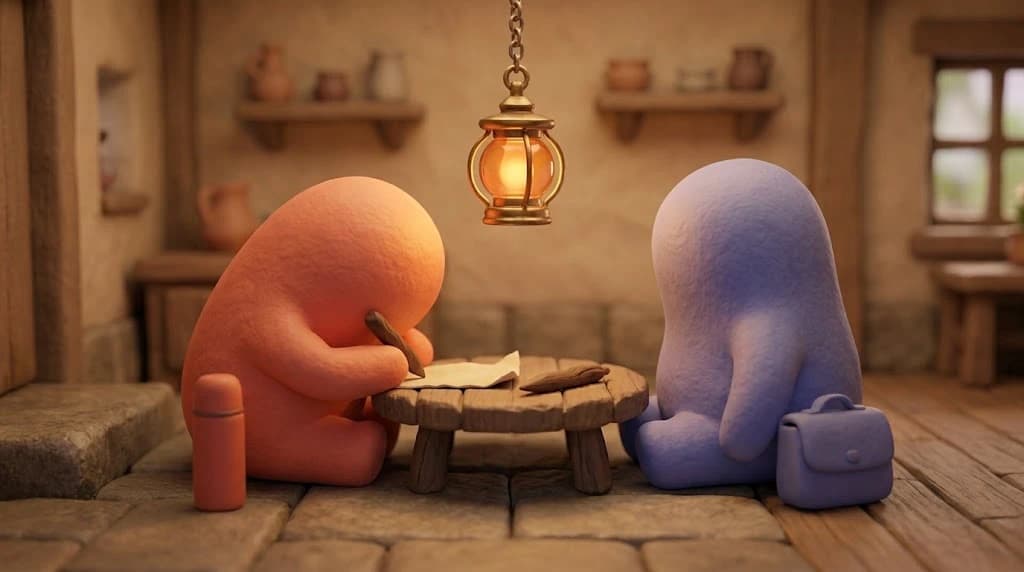 Two rounded blob characters on the floor either side of a low wooden table, one writing on a scrap of paper under a hanging lantern
