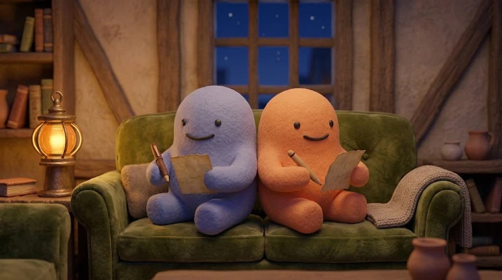 Two rounded blob characters side by side on a green sofa at night, each holding a pen and a folded scrap of paper