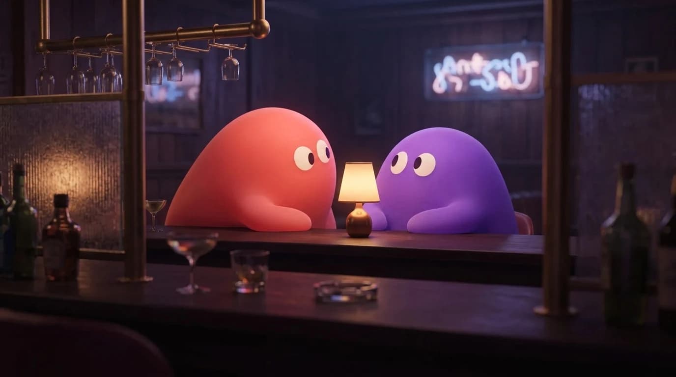 Two rounded blob characters side by side at a dim bar, a small lit lamp on the counter between them, bottles and neon glow behind