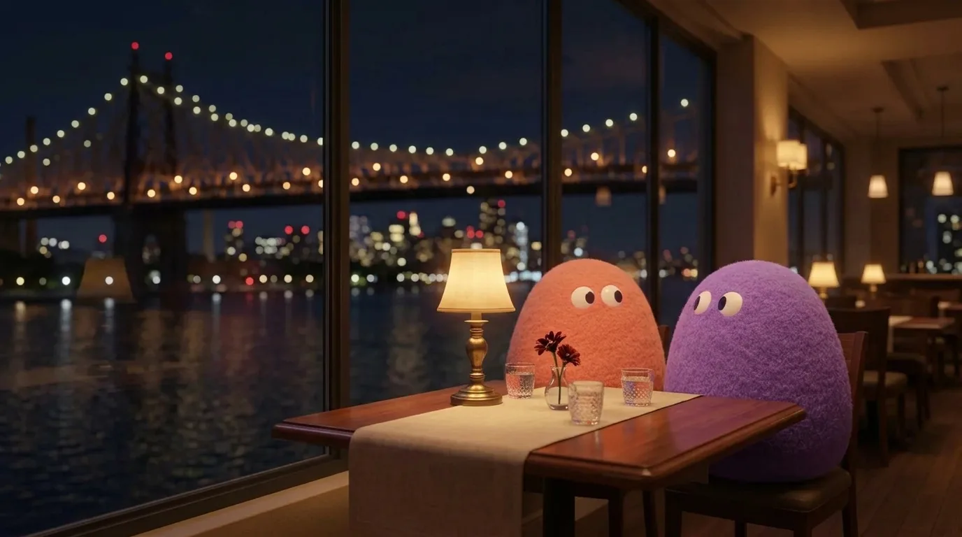 Two rounded blob characters at a small table by a window at night, a bridge lit over a river visible outside, warm light inside the room