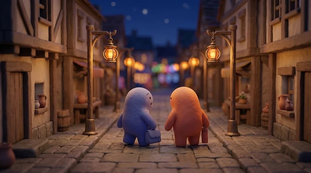 Two rounded blob characters walking away down a lamplit cobbled street at night, shop lights blurred ahead of them