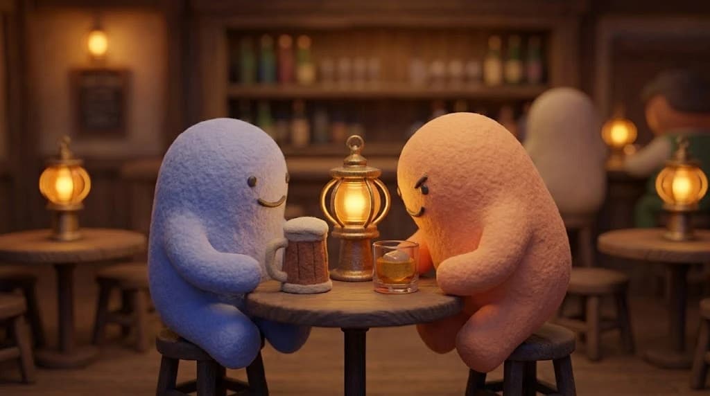 Two rounded blob characters at a small bar table, a lantern and two untouched drinks between them, other tables blurred behind