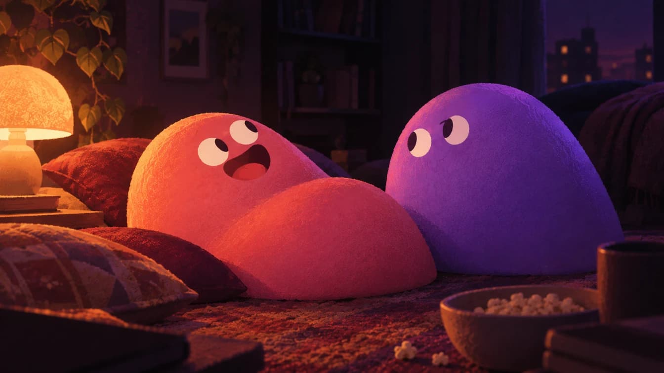 Two rounded blob characters propped on cushions late at night, one mid-laugh, a warm lamp to the left and the rest of the room dark