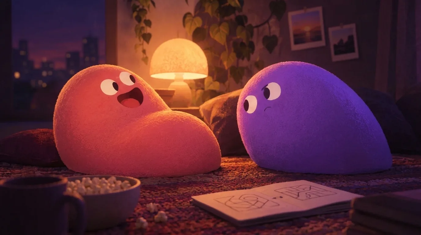 Two rounded blob characters on a rug at night with a warm lamp behind them, one tipped back mid-laugh and the other leaning away