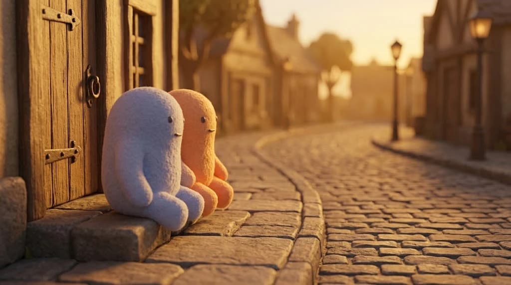 Two rounded blob characters sitting side by side on a stone doorstep at golden hour, shoulders touching, a cobbled street curving away ahead of them