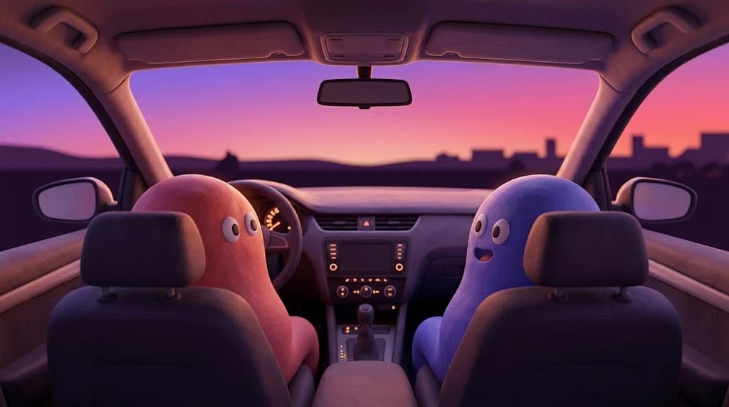 Two rounded blob characters in the front seats of a car at dusk, seen from the back seat, the windscreen full of fading sky