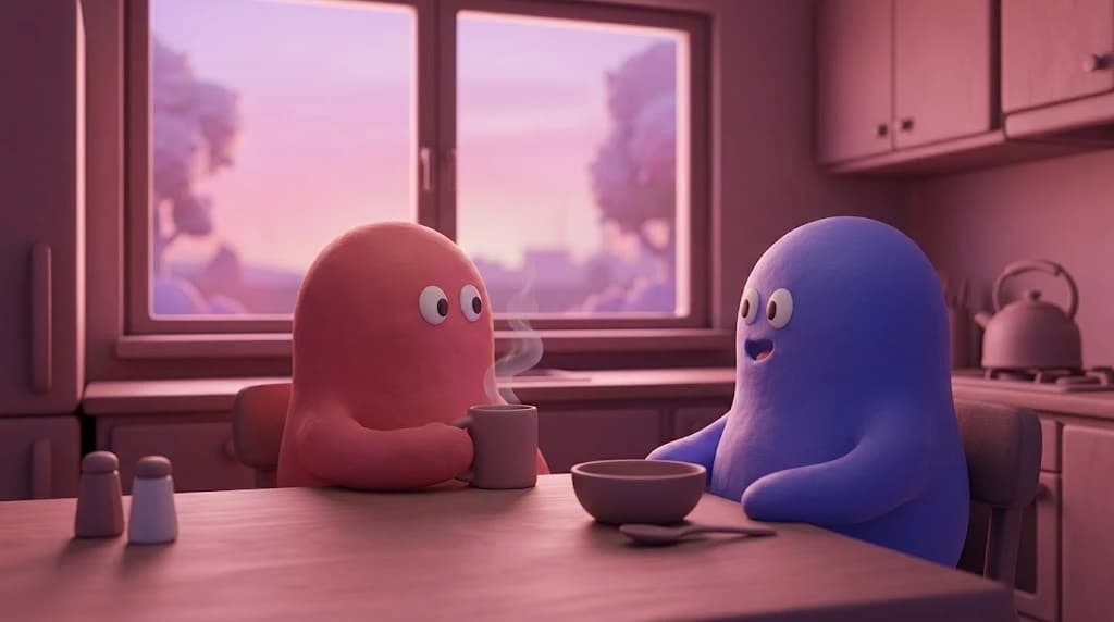 Two rounded blob characters at a kitchen table in early morning light, one holding a steaming mug, a window behind them