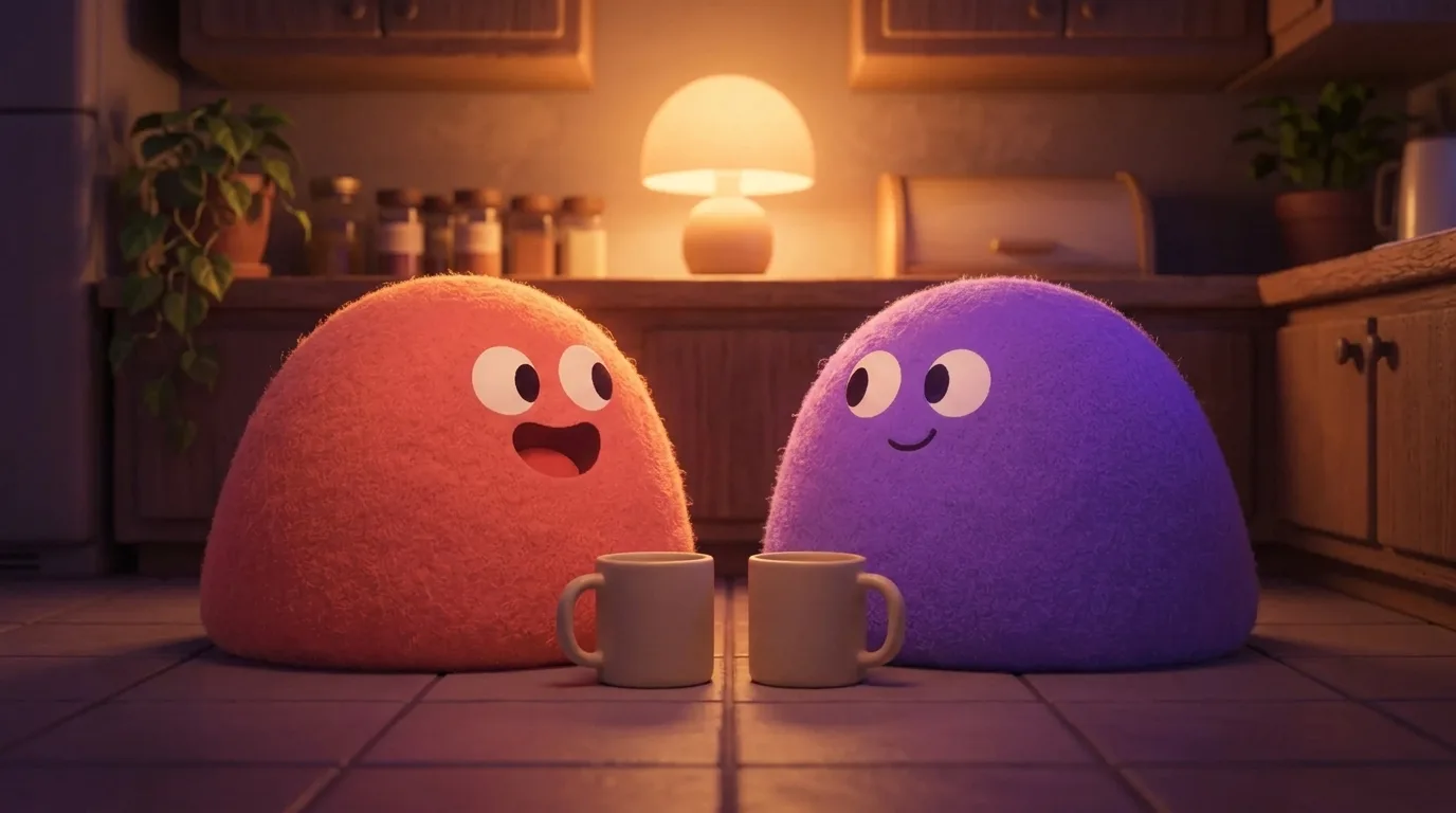Two rounded blob characters sitting close on a kitchen floor at night, two mugs between them and a warm lamp on the counter behind