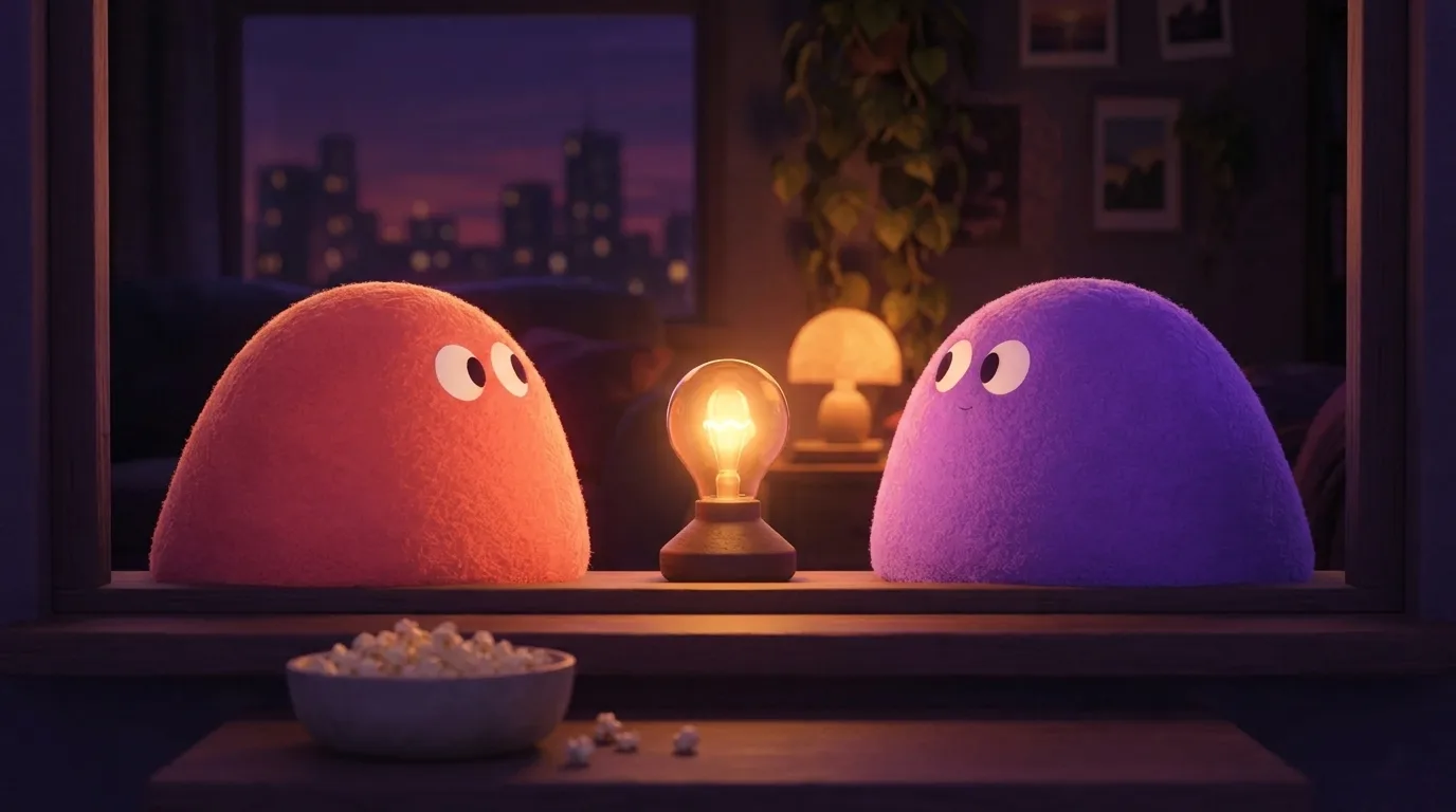 Two rounded blob characters sitting on opposite ends of a low windowsill at night, turned towards each other, a warm lamp glowing between them
