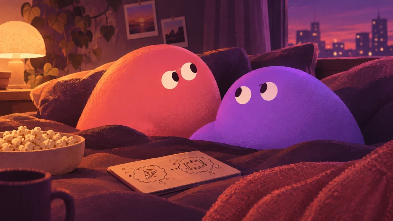 Two rounded blob characters on a sofa at night, a bowl of popcorn between them, city lights in the window behind