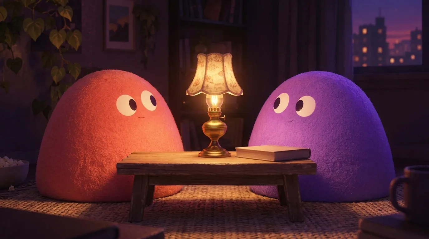 Two rounded blob characters facing each other across a low table, one tilted left and the other tilted right, a warm lamp between them